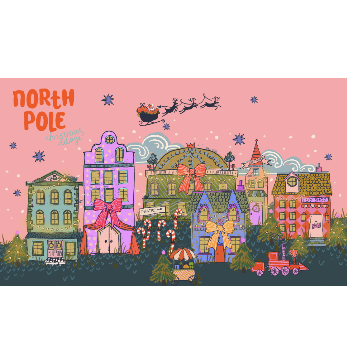 North Pole village reversible "naughty but nice" bolster pillow.