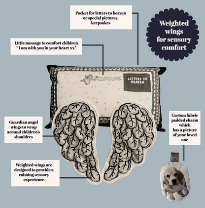 Letters to Heaven Pillow. Supporting little ones through Bereavement. Softly weighted wings.