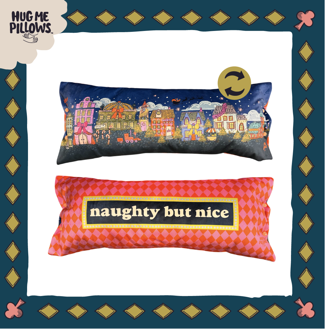 North Pole village reversible "naughty but nice" bolster pillow 30% off