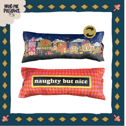 North Pole village reversible "naughty but nice" bolster pillow 30% off