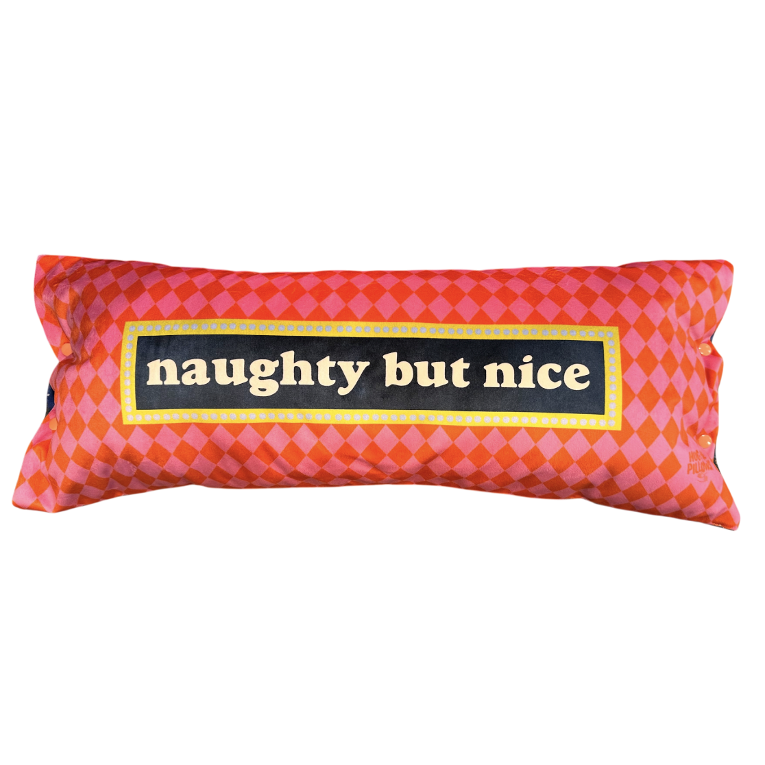North Pole village reversible "naughty but nice" bolster pillow.