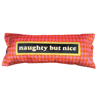 North Pole village reversible "naughty but nice" bolster pillow.