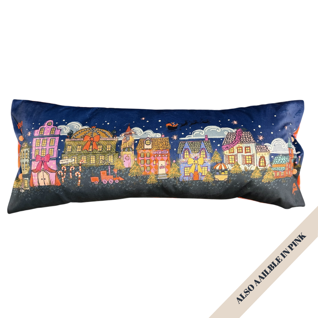 North Pole village reversible "naughty but nice" bolster pillow.