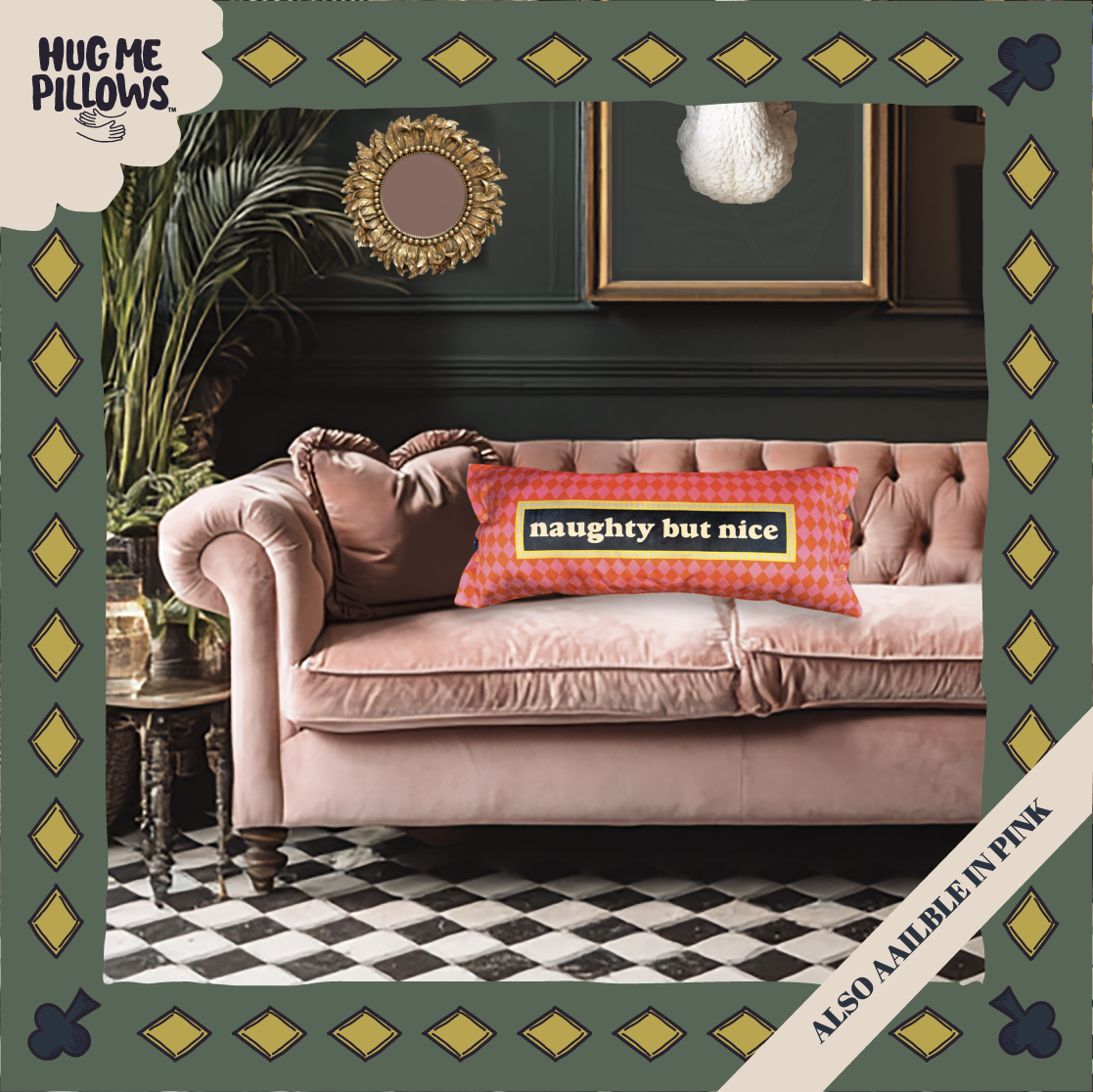 North Pole village reversible "naughty but nice" bolster pillow.