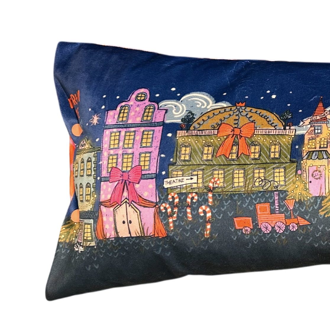 North Pole village reversible "naughty but nice" bolster pillow.